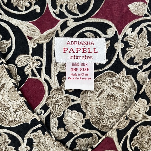 Adrianna Papell 100% Silk Caftan Black Tan Maroon Print One Size Kaftan Vintage - Picture 4 of 16